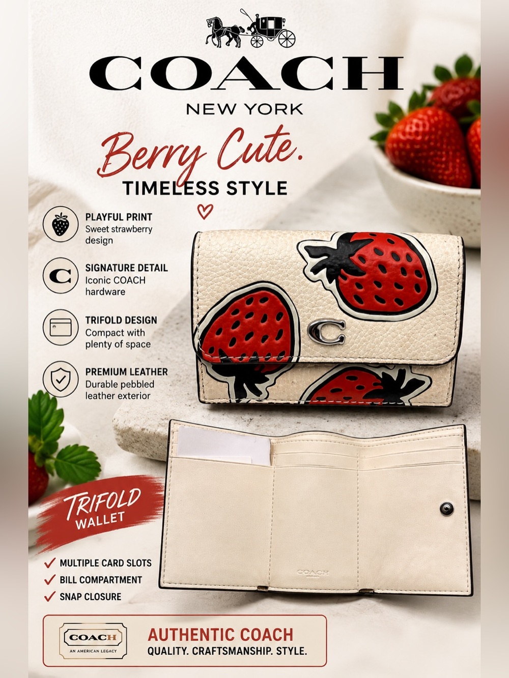 Coach Essential Mini Trifold Wallet Strawberry Print Chalk Multi Leather CU473